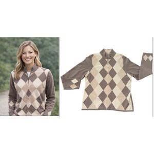 Charter Club‎ Argyle Zip Up Cardigan Sweater Women's Size L 100% Cashmere